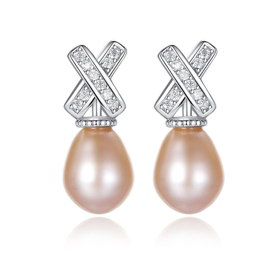 X CZ Natural Pearl Dangling Earrings in 925 Silver