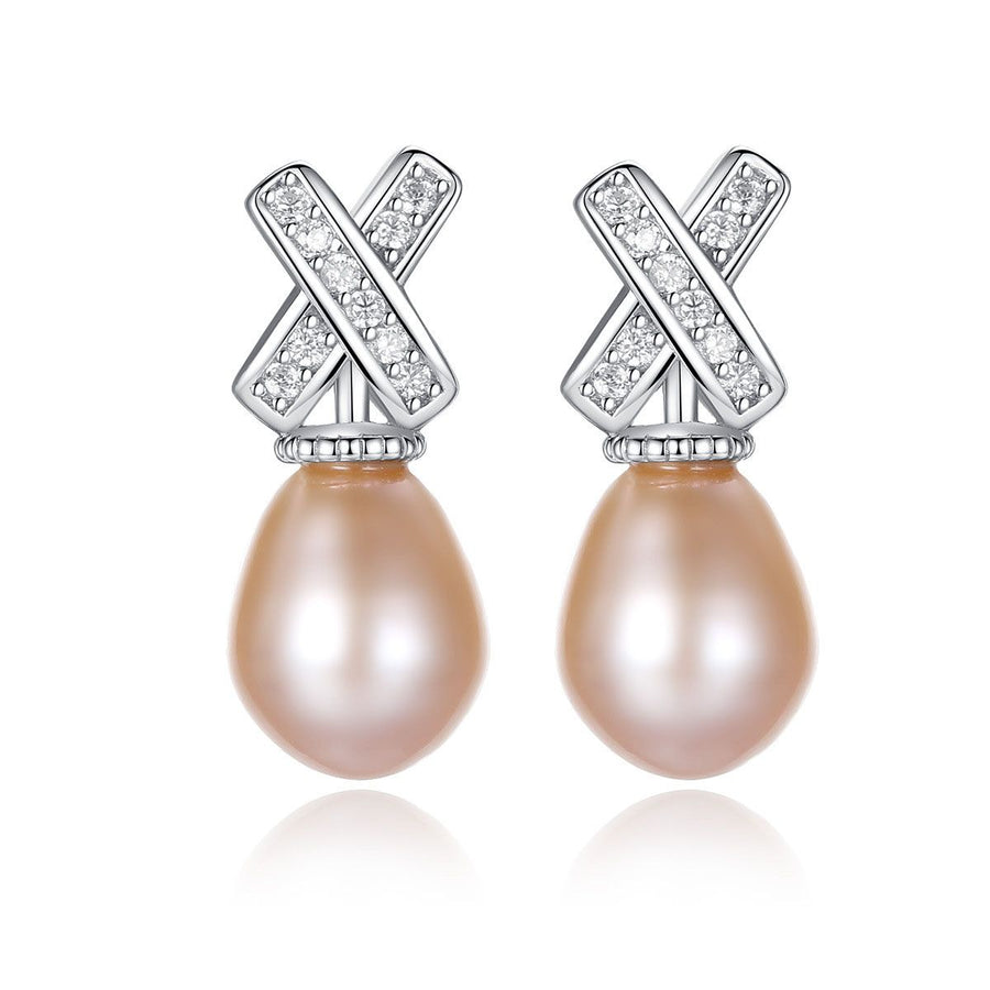 X Crystal Natural Pearl Dangling Earrings in 925 Silver