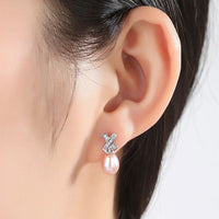 X Crystal Natural Pearl Dangling Earrings in 925 Silver