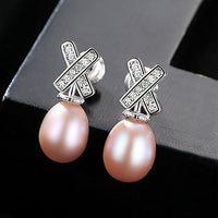 X Crystal Natural Pearl Dangling Earrings in 925 Silver