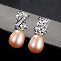 X Crystal Natural Pearl Dangling Earrings in 925 Silver