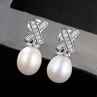 X Crystal Natural Pearl Dangling Earrings in 925 Silver