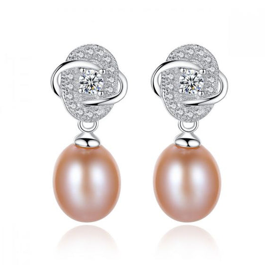 CZ Flower Pearl 925 Silver Dangling Earrings