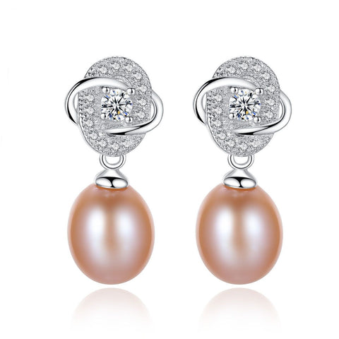 CZ Flower Pearl 925 Silver Dangling Earrings