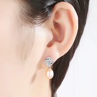 Crystal Flower Natural Pearl Sterling Silver Drop Earrings