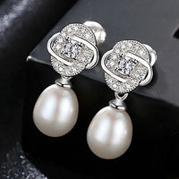 Crystal Flower Pearl 925 Silver Dangling Earrings
