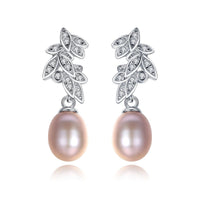 Crystal Leaf Freshwater Pearl 925 Silver Dangling Earrings