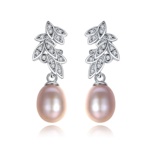 CZ Leaf Freshwater Pearl 925 Silver Dangling Earrings