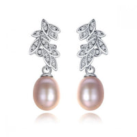 Crystal Leaf Freshwater Pearl 925 Silver Dangling Earrings