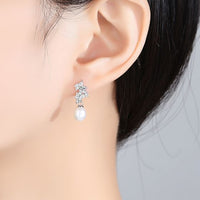 Crystal Leaf Freshwater Pearl 925 Silver Dangling Earrings