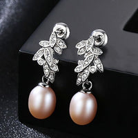 Crystal Leaf Freshwater Pearl 925 Silver Dangling Earrings