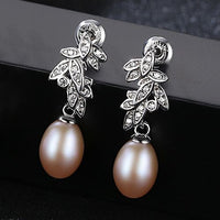 Crystal Leaf Freshwater Pearl 925 Silver Dangling Earrings