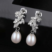 Crystal Leaf Freshwater Pearl 925 Silver Dangling Earrings