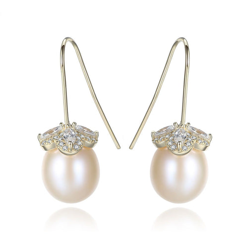 CZ Flower Freshwater Pearl 925 Silver Dangle Earrings