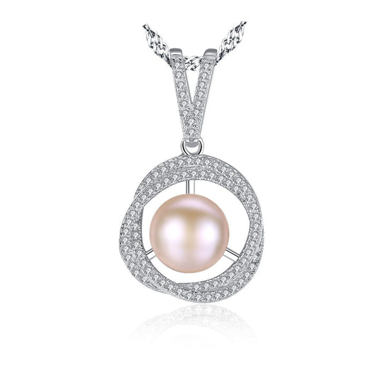 Freshwater Pearl Twisted CZ Circle 925 Silver Necklace