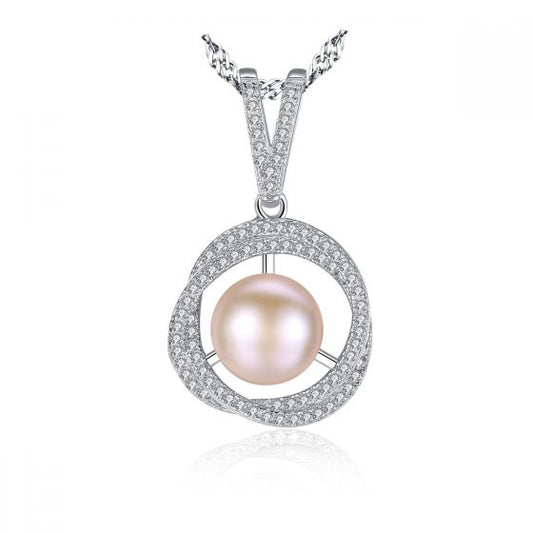 Freshwater Pearl Twisted CZ Circle 925 Silver Necklace