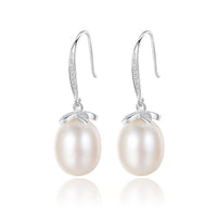 Natural Pearl and Crystal Flower Dangling Earrings, 925 Sterling Silver
