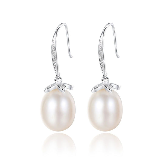 Natural Pearl and CZ Flower Dangling Earrings, 925 Sterling Silver