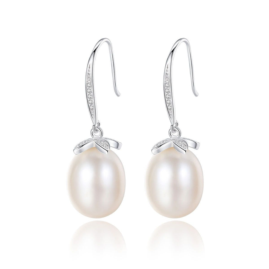 Natural Pearl and Crystal Flower Dangling Earrings, 925 Sterling Silver