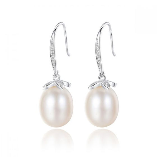 Natural Pearl and CZ Flower Dangling Earrings, 925 Sterling Silver