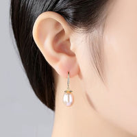 Natural Pearl and Crystal Flower Dangling Earrings, 925 Sterling Silver