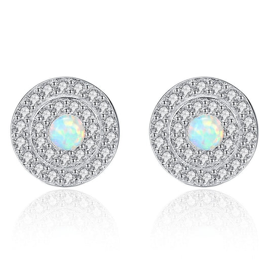 Created Opal Round Disc Stud Earrings, 925 Sterling Silver