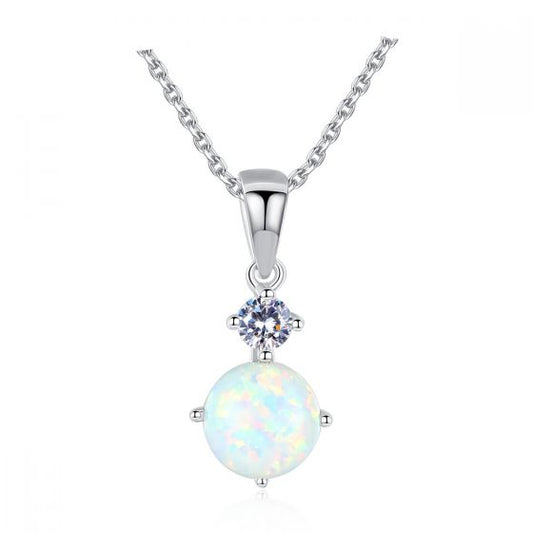 Round Created Opal Pendant Necklace in 925 Sterling Silver