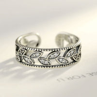 Vintage Crystal Leaf Sterling Silver Adjustable Ring