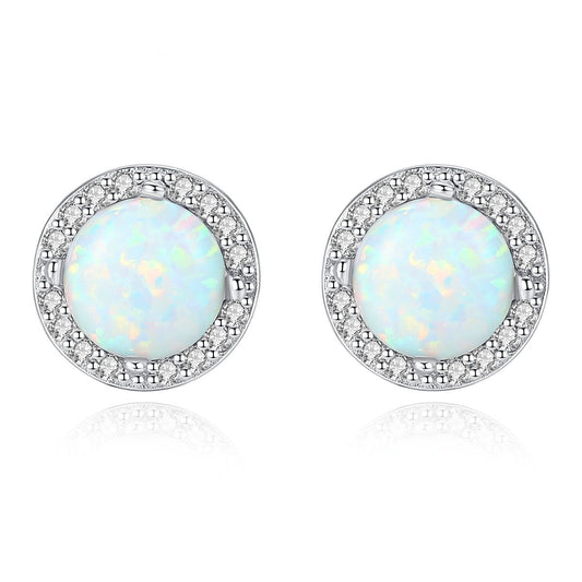 Round Opal and Cubic Zirconia Sterling Silver Stud Earrings