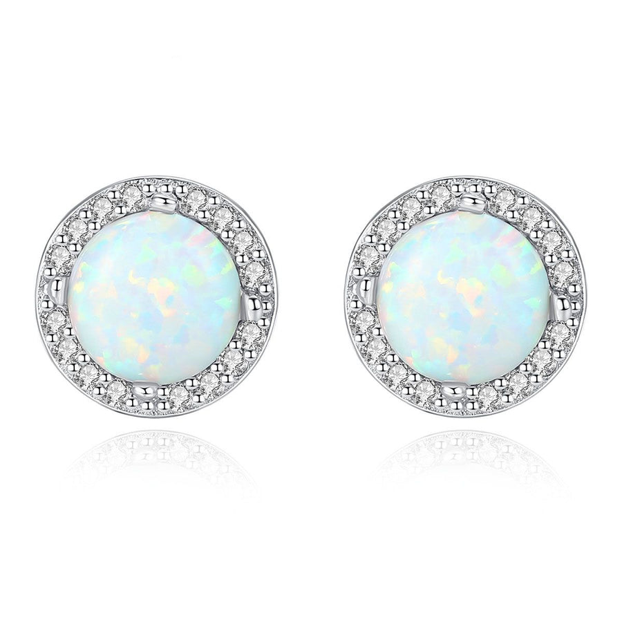 Round Opal and Cubic Zirconia Sterling Silver Stud Earrings