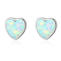 Classic Round Heart Natural Opal 925 Sterling Silver Stud Earrings