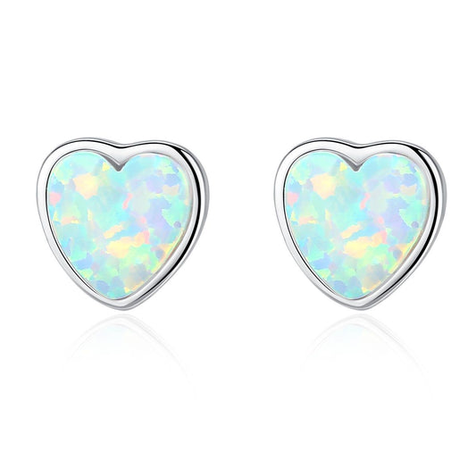 Classic Round Heart Natural Opal 925 Sterling Silver Stud Earrings