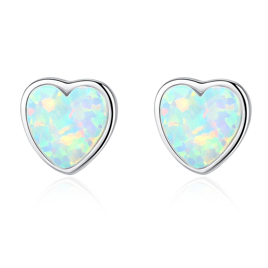 Classic Round Heart Natural Opal 925 Sterling Silver Stud Earrings