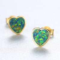 Classic Round Heart Natural Opal 925 Sterling Silver Stud Earrings