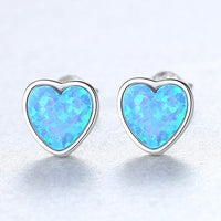 Classic Round Heart Natural Opal 925 Sterling Silver Stud Earrings
