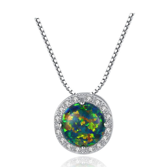 Round Opal and Cubic Zirconia 925 Sterling Silver Necklace