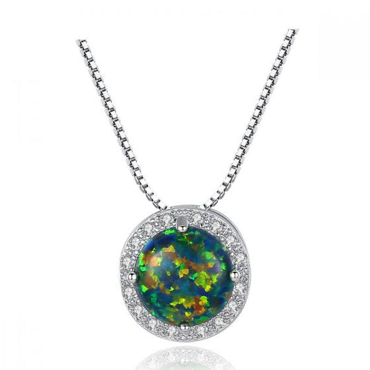 Round Opal and Cubic Zirconia 925 Sterling Silver Necklace