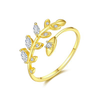 Crystal Olive Leaf Branch Adjustable Ring in 925 Sterling Silver