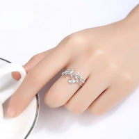 Crystal Olive Leaf Branch Adjustable Ring in 925 Sterling Silver