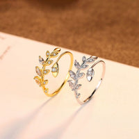 Crystal Olive Leaf Branch Adjustable Ring in 925 Sterling Silver