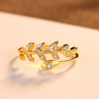 Crystal Olive Leaf Branch Adjustable Ring in 925 Sterling Silver
