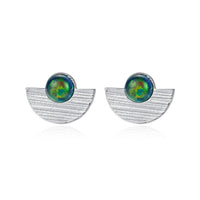 Semicircle Created Opal Round Sterling Silver Stud Earrings