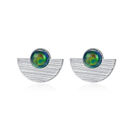 Semicircle Created Opal Round Sterling Silver Stud Earrings