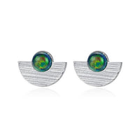 Semicircle Created Opal Round Sterling Silver Stud Earrings