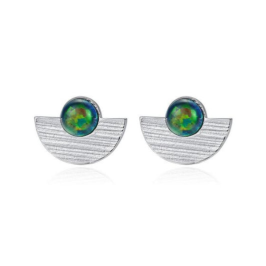Semicircle Created Opal Round Sterling Silver Stud Earrings