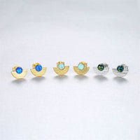 Semicircle Created Opal Round Sterling Silver Stud Earrings