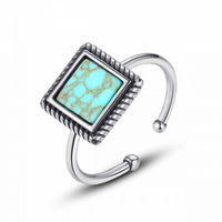 Vintage Geometry Turquoise Square 925 Sterling Silver Adjustable Ring
