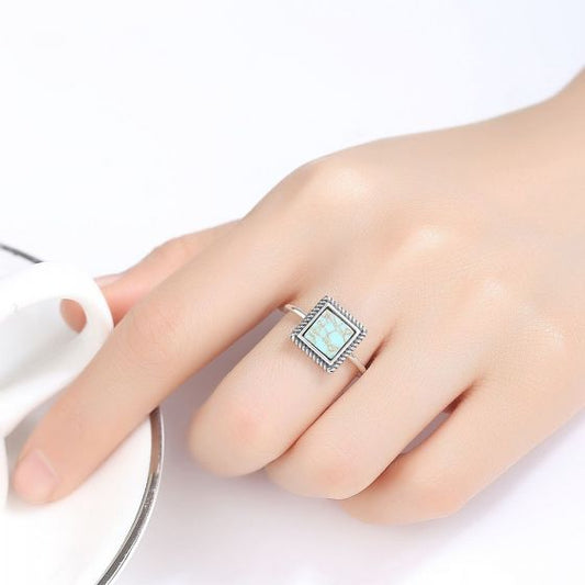Vintage Geometry Turquoise Square 925 Sterling Silver Adjustable Ring