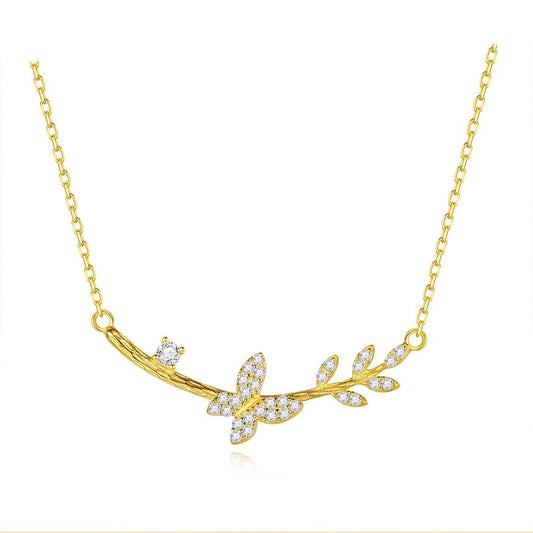 Flying Butterfly Tree Branch Necklace in 925 Sterling Silver