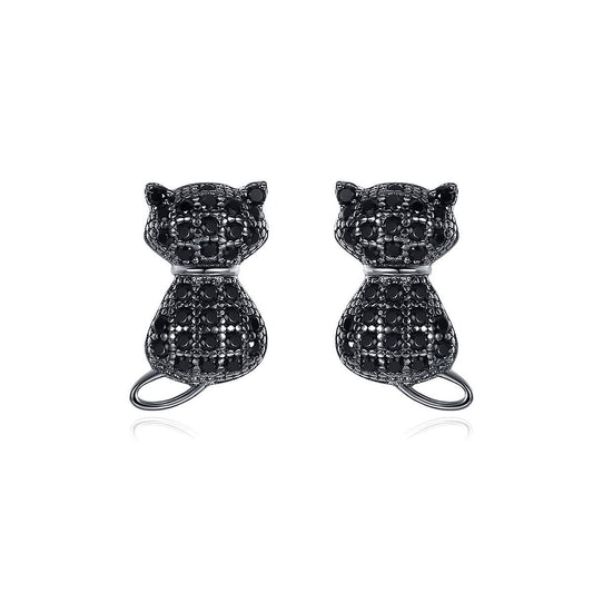 Black CZ Cat 925 Sterling Silver Stud Earrings
